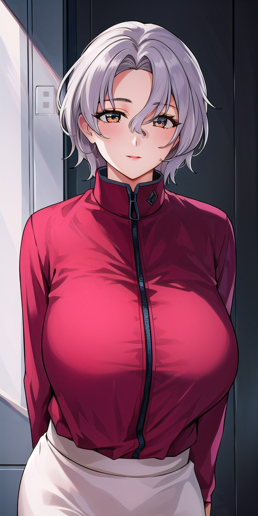 17209-3616925331-_lora_SallySaintFordV2_0.7_ sallysaintford, huge_breasts, standing, solo, Red_shirt_Long_sleeves_Zipper_White_pencil_skirt_minis.png